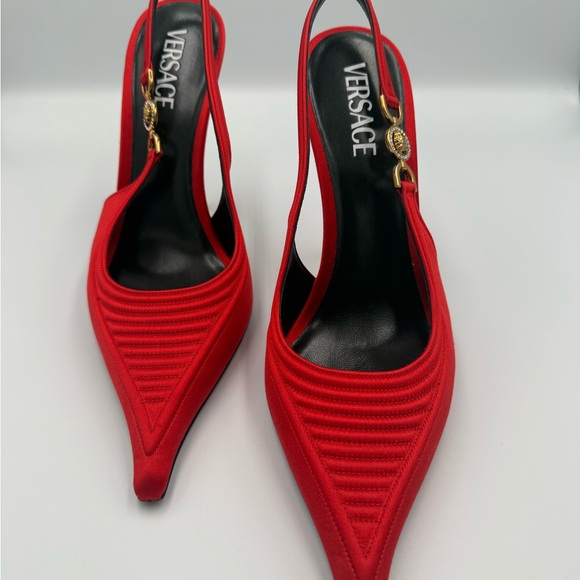 Versace Red Heels with Gold Medallion Sz 40